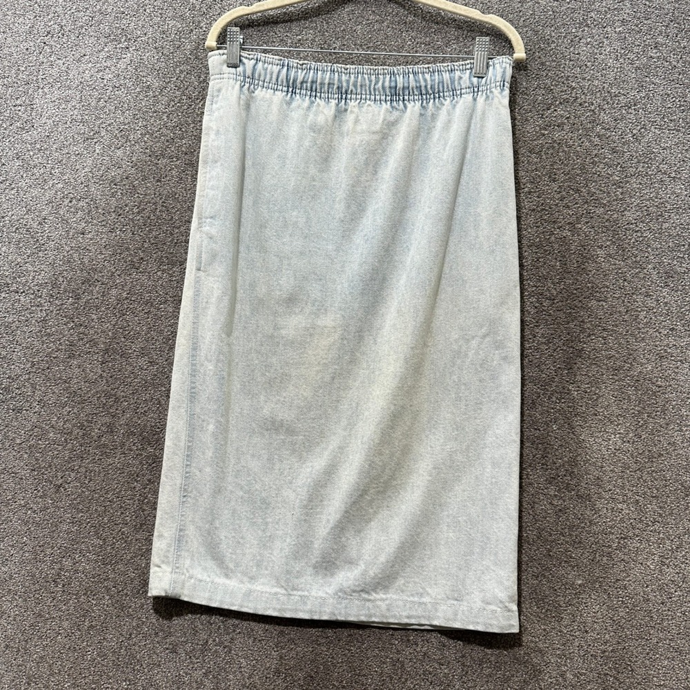 VTG 90s Palmettos Light Wash Denim Midi Skirt Elastic Waist Small Made in USA